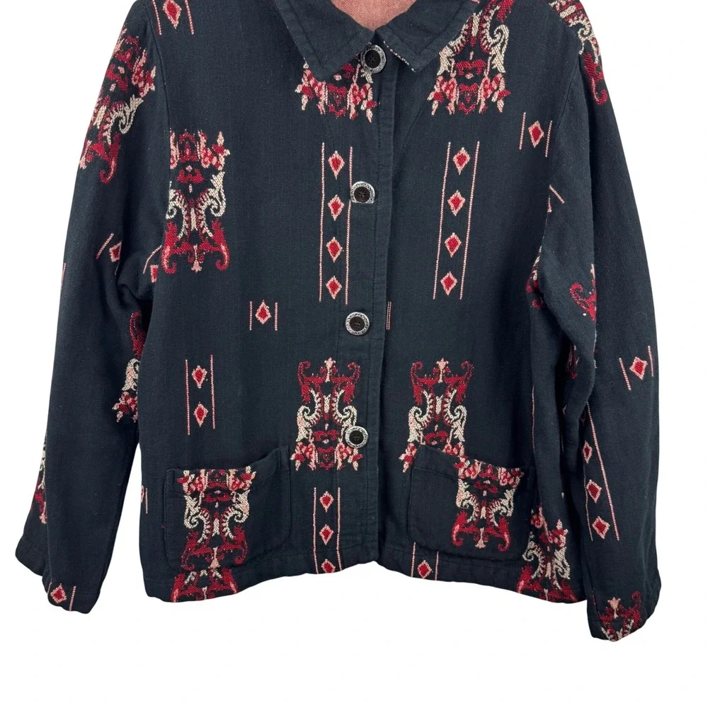 Chico's Design Jacket Womens 2 Large Black Red Tapestry‎ Cotton Blend Boho Artsy